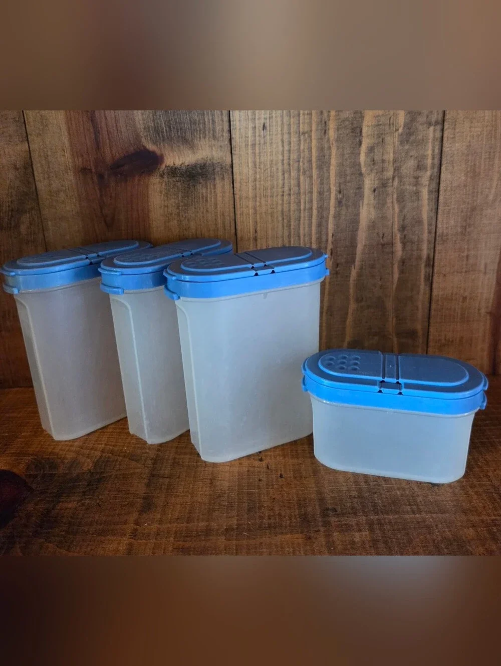 Tupperware Modular Mates Spice Container Set of 4 Blue Lids 1843 & 1846 3-L 1-S